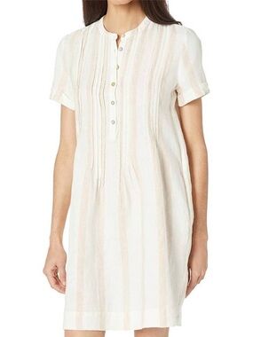 Faherty Gemina Pintuck Sleeved Dress in a white and blush striped linen Sz Small